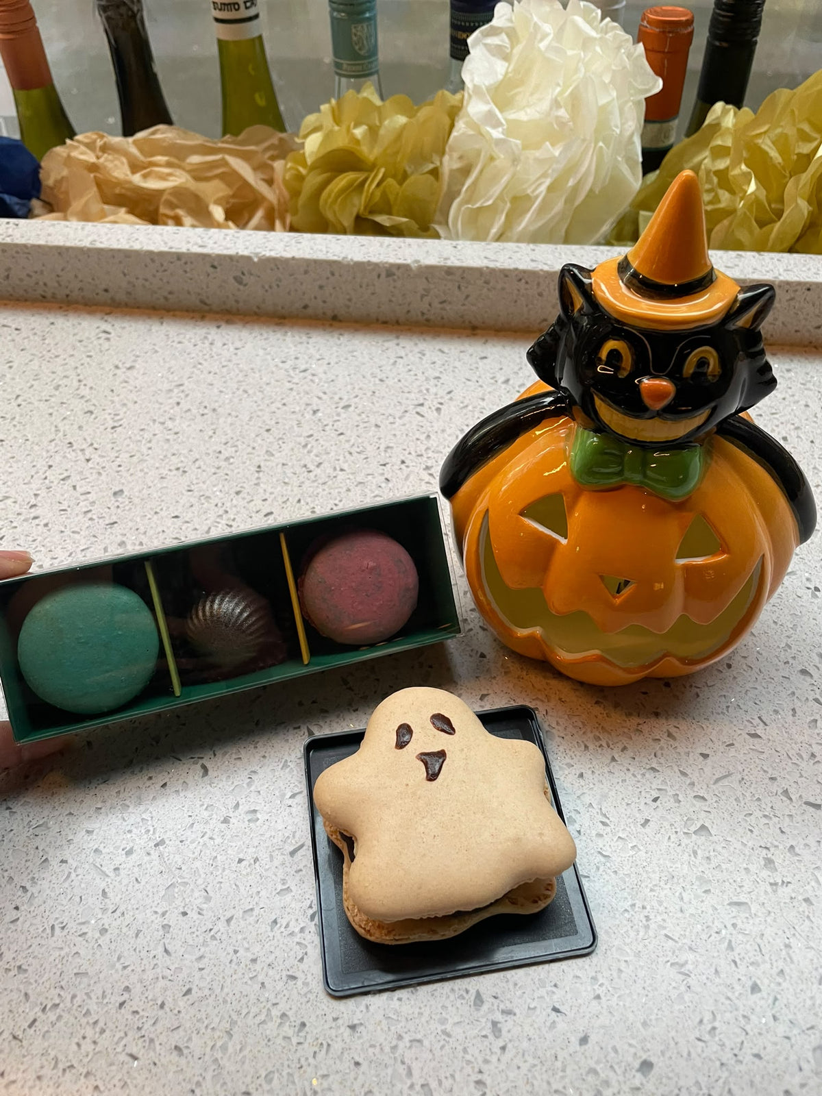 Ghost macaron with a box of 3 macarons and Halloween pumpkin